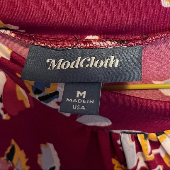ModCloth Burgundy Floral Fit & Flare Dress M Neck Tie Belted Pockets Romantic - Picture 7 of 8